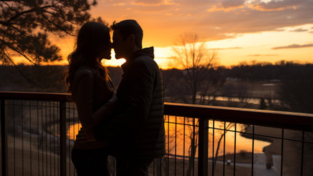 Capture the magic of love with couples silhouetted against a stunning romantic sunset backdrop this Valentine's Day. Enjoy heartwarming moments as the sun sets on this special day.の素材