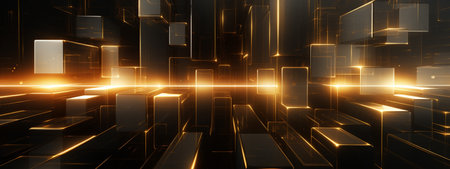 stunning 3D geometric technology wall texture. Radiating in glorious shades of gold, brown, gray, and black, this captivating design adds a touch of sophistication and innovation to any space.の素材