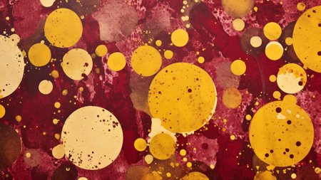 Discover a captivating abstract pattern background in beautiful shades of burgundy and mustard, featuring hand-painted dots. Perfect for adding a touch of elegance to your design projectsの素材