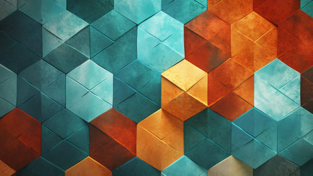 abstract patterns with our Burnt Orange and Teal Geometric Hexagons collection. Discover a unique fusion of warm and cool hues in mesmerizing hexagonal patterns, perfect for your design projectsの素材