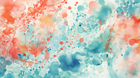 Explore a captivating Teal and Coral abstract pattern featuring vibrant Watercolor Splatters. This unique design adds a touch of artistic flair for home decor, fashion, or digital backgroundsの素材