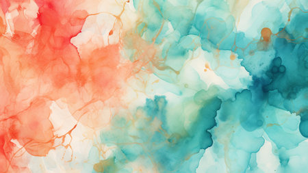 Explore a captivating Teal and Coral abstract pattern featuring vibrant Watercolor Splatters. This unique design adds a touch of artistic flair for home decor, fashion, or digital backgroundsの素材