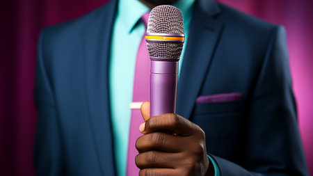 Experience the power of connection with our vibrant image featuring hands delicately holding a microphone. Immerse yourself in the essence of communication against a backdrop of lively colors.の素材