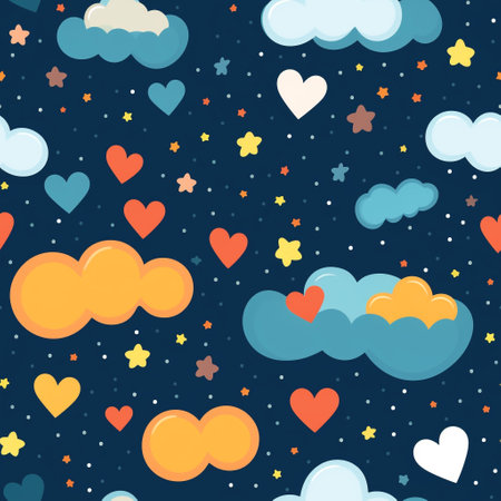 a celestial romance in our mesmerizing illustration featuring heart-shaped clouds, stars, and moons that evoke the magic of love and the essence of Valentine's Day. Perfect for romance to any occasionの素材