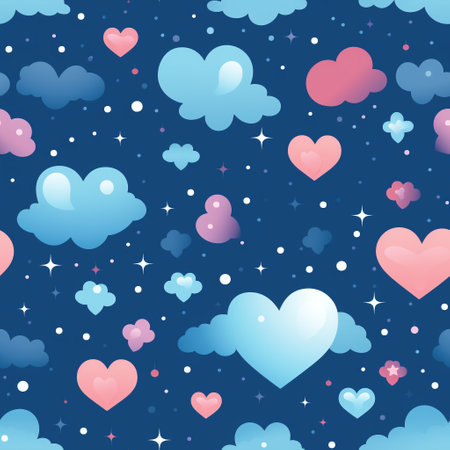 a celestial romance in our mesmerizing illustration featuring heart-shaped clouds, stars, and moons that evoke the magic of love and the essence of Valentine's Day. Perfect for romance to any occasionの素材