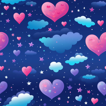 a celestial romance in our mesmerizing illustration featuring heart-shaped clouds, stars, and moons that evoke the magic of love and the essence of Valentine's Day. Perfect for romance to any occasionの素材