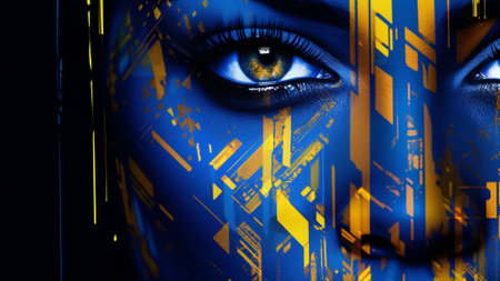 Electric Indigo and Cyber Yellow in this digital pixelation pattern. modern and vibrant world of abstract art, pixels symphony of colors. Perfect for contemporary designs, backgrounds, and digitalの素材