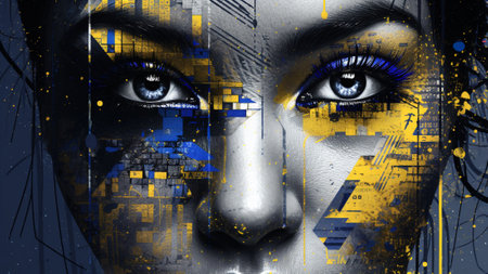 Electric Indigo and Cyber Yellow in this digital pixelation pattern. modern and vibrant world of abstract art, pixels symphony of colors. Perfect for contemporary designs, backgrounds, and digitalの素材