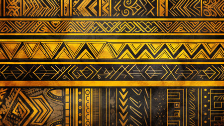 tribal art with Marigold Yellow and Deep Charcoal Tribal Patterns. Immerse yourself in the intricate designs, inspired by earthy tones and defined by bold lines. Perfect for adding cultural eleganceの素材