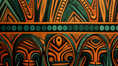tribal patterns inspired by ancient art. Immerse yourself in the richness of burnt orange and forest green earthy tones, combined with bold lines for a truly authentic and captivating aesthetic.の素材