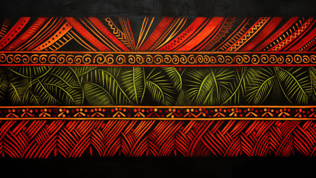 tribal art with patterns. Infused with earthy tones, our designs feature bold lines that evoke the essence of traditional craftsmanship. Rustic Red and Olive Green, harmonizing nature and cultureの素材