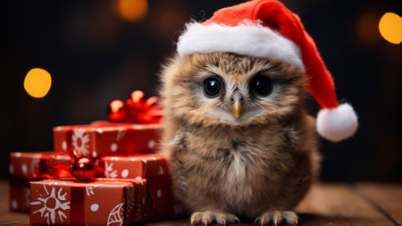 close-up shot capturing the irresistible charm of an owl donning a Santa hat. Nestled next to a petite gift box, holiday joy to life. Perfect for festive greetings, cards, and delightful surprises.の素材