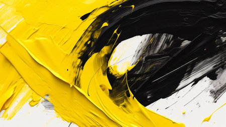 Lemon Yellow and Midnight Black abstract brush strokes. This modern art piece features bold and expressive strokes. Perfect for contemporary interiors seeking a unique artistic statement.の素材