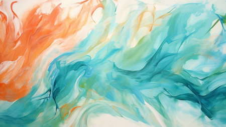 Teal and Coral Abstract Brush Strokes. This contemporary artwork blends bold and expressive brush strokes, modern sophistication to any interior. perfect for those seeking distinctive wall art.の素材