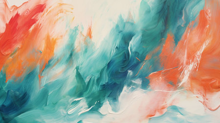 Teal and Coral Abstract Brush Strokes. This contemporary artwork blends bold and expressive brush strokes, modern sophistication to any interior. perfect for those seeking distinctive wall art.の素材