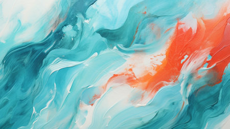 Teal and Coral Abstract Brush Strokes. This contemporary artwork blends bold and expressive brush strokes, modern sophistication to any interior. perfect for those seeking distinctive wall art.の素材