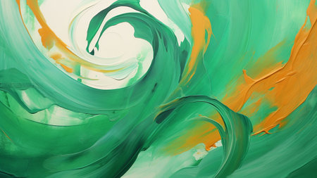 abstract art featuring bold brush strokes in luxurious emerald green and copper hues. This contemporary piece sophistication to any room, making it a perfect choice for modern interior decor.の素材