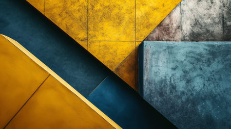 visual allure of contrasting warm mustard yellow tones with cool slate blue in this geometric harmony composition. Explore a balanced blend of colors that captivates the eye with its striking beautyの素材