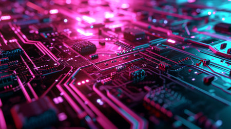 Retro-Futuristic Techno Circuitry background. Immerse yourself in the vivid glow of Synthwave Magenta lines intricately weaving across a sleek Midnight Black metallic surface. a futuristic vibeの素材