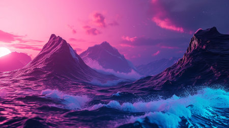 Vivid Vaporwave abstract background. Featuring mesmerizing waves in neon pink and electric purple, this artwork exudes a retro-futuristic aesthetic. this dynamic and visually striking compositionの素材