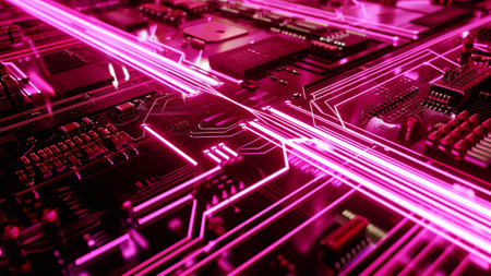 a visually stunning and modern atmosphere with this techno circuitry background. Neon pink glowing lines dance dynamically across a sleek chrome-colored metallic surface, energy and sophisticationの素材