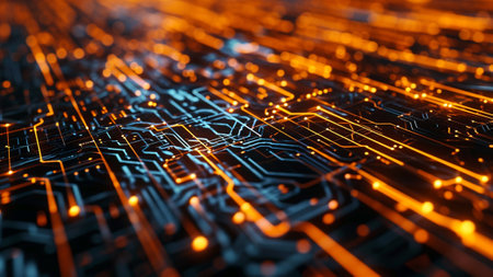 dynamic fusion of colors in this abstract background design. The vivid glow of plasma orange lines intertwines seamlessly with the cool, metallic allure of steel blue connections, a visually strikingの素材