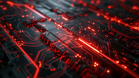 captivating abstract background. Experience the synergy of laser red glowing lines dancing over a dark graphite metallic canvas, evoking the essence of cutting-edge circuitry designの素材