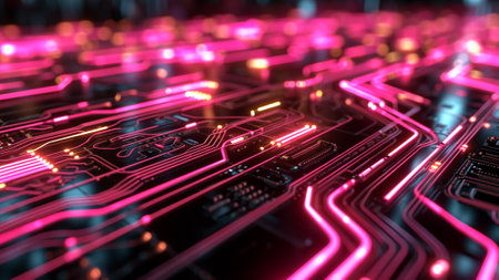 a visually stunning and modern atmosphere with this techno circuitry background. Neon pink glowing lines dance dynamically across a sleek chrome-colored metallic surface, energy and sophisticationの素材