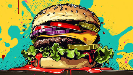 vibrant pop art scene, featuring a towering burger with exaggerated colors and bold outlines. Watch as the condiments and ingredients come to life,a delicious display of culinary creativityの素材