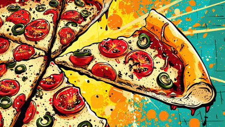 Pop Art masterpiece Sizzling Pizza Delight. This vibrant creation showcases an oversized, visually striking pizza, a canvas of vivid colors and dynamic lines. experience for pizza enthusiastsの素材