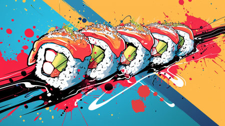 a visually stunning sushi-themed pop art scene Sushi Sensation. With amplified colors and energetic lines, each sushi roll becomes a work of art, joy and vibrancy with this Japanese delicacy.の素材
