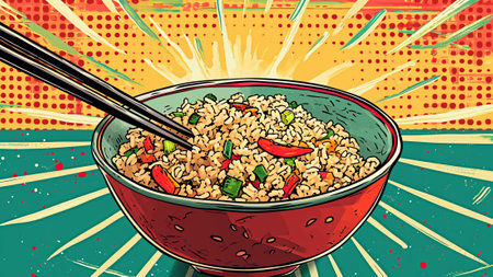 a vibrant world of pop art with a gigantic bowl of fried rice. Amplify the colors and textures of the rice and diverse ingredients using bold lines, skillfully the savory essence of this beloved dish.の素材