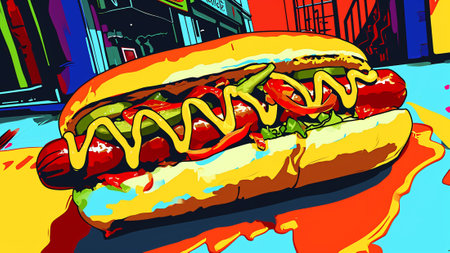the excitement of street food with our pop art masterpiece an oversized hot dog. Using bright colors and dynamic lines Explore the joy of indulging in a larger-than-life hot dog experience!の素材