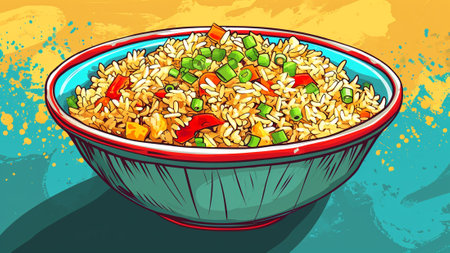 a vibrant world of pop art with a gigantic bowl of fried rice. Amplify the colors and textures of the rice and diverse ingredients using bold lines, skillfully the savory essence of this beloved dish.の素材