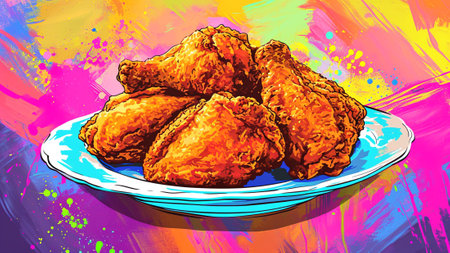 crispy fried chicken with our vibrant pop art masterpiece. the comfort food sensation as a plate piled high with golden goodness takes center stage, brought to life with bold lines and colorsの素材