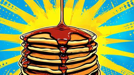 pancakes pop art scene the vibrant colors and bold lines as we showcase a stack of pancakes drenched in syrup, emphasizing their fluffy texture and deliciousness. the ultimate breakfast paradise.の素材