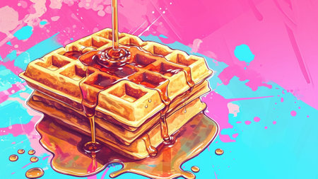a delectable stack of waffles pop art adorned with bold colors, captivating textures, and enticing syrup and toppings. Indulge senses in this delightful composition that brings the magic of wafflesの素材