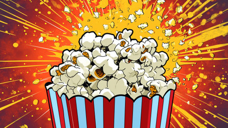 Popcorn Extravaganza pop art composition Crafted with bold colors and dynamic lines, this oversized popcorn bucket leaps off the canvas, capturing the excitement and crunch of everyone's movie snack.の素材