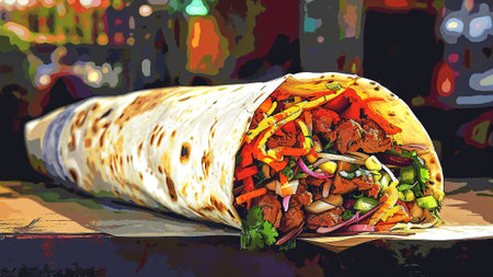pop art an shawarma. striking scene amplifies the colors and layers of succulent meat and fresh veggies, using bold lines to convey the savory and flavorful profile of this beloved street food.の素材