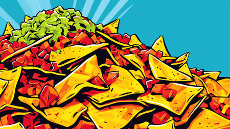 the vibrant world of nachos with our Pop Art scene. a mountain of nachos adorned with colorful cheese, guacamole, and salsa. Bold lines bring out the crunch and deliciousness of this popular snack.の素材