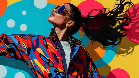 dynamic fusion of fashion and energy with Pop Art Athleisure Playground. models flaunt sporty-chic outfits adorned with graphic prints and athletic accessories against a vibrant backdropの素材