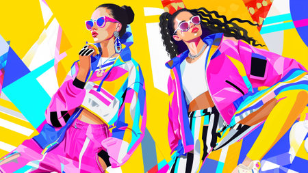 dynamic fusion of fashion and energy with Pop Art Athleisure Playground. models flaunt sporty-chic outfits adorned with graphic prints and athletic accessories against a vibrant backdropの素材