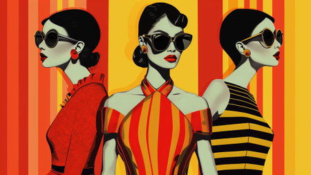 models strutting in chic A-line dresses, oversized sunglasses, and dazzling statement jewelry. The vibrant atmosphere is heightened by bold red and yellow hues, the essence of a bygone eraの素材