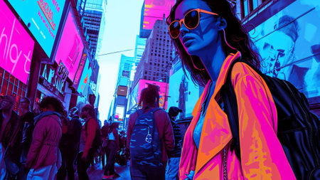the city's fashion pulse Neon Street Style Extravaganza. urban landscape illuminated by neon signs, where fashion-forward individuals showcase the latest streetwear trends. a pop art scene burstingの素材