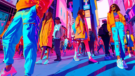 the city's fashion pulse Neon Street Style Extravaganza. urban landscape illuminated by neon signs, where fashion-forward individuals showcase the latest streetwear trends. a pop art scene burstingの素材