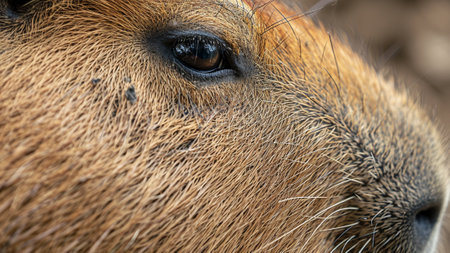 capybara close-up shot capturing the focused eyes of this adorable creature. This documentary photo provides an intimate look at the unique features and expressions of the world's largest rodentの素材