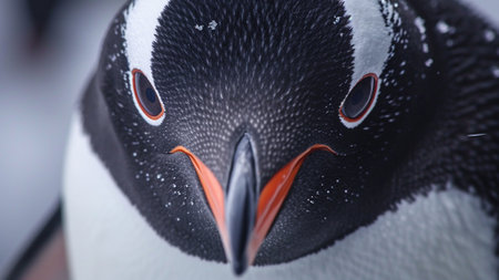 a penguin's face close-up shot. Immerse yourself in the documentary-style photo that beautifully captures the intensity of its focused eyes. A must-see for nature enthusiasts and wildlife loversの素材