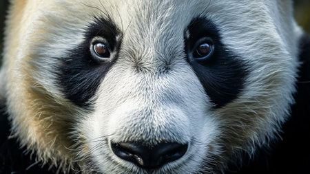 a Giant Panda close-up shot, focusing on its expressive eyes. This documentary photo captures the essence of this iconic and endangered species, offering a unique glimpse into their natural beautyの素材