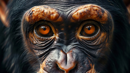 chimpanzees compelling close-up shot capturing the focused eyes of these incredible primates. This documentary photo provides an intimate look into the expressive and thoughtful gaze of a chimpanzeeの素材