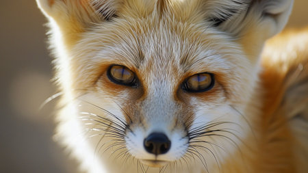 Fennec Fox close-up photograph. Zoom in on the intricate details of its face, featuring focused eyes. This documentary-style photo captures the essence of the Fennec Fox's, desert-dwelling creature.の素材